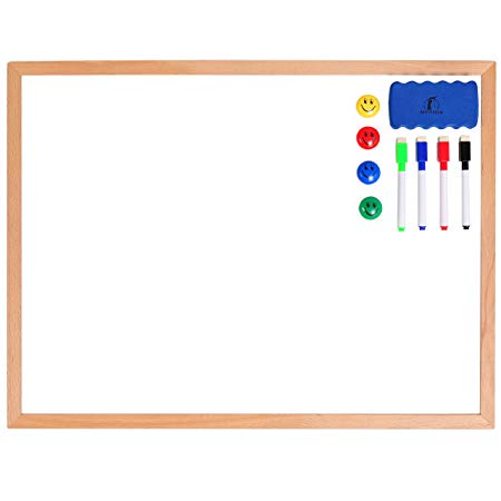 Whiteboard Set - Wooden Frame (Real Wood) Dry Erase White Board 24 x 18"   1 Dry Eraser, 4 Colorful Marker and 4 Magnets - Small Wall Hanging Message Magnetic Board for Home, Office, Cubicle and Desk