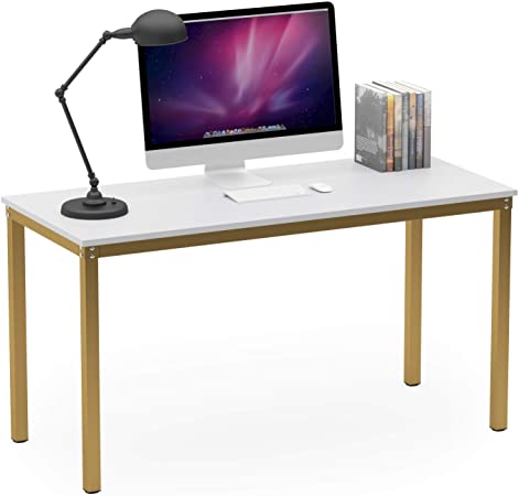 Teraves Computer Desk/Dining Table Office Desk Sturdy Writing Workstation for Home Office (55.11“, White Golden Frame)