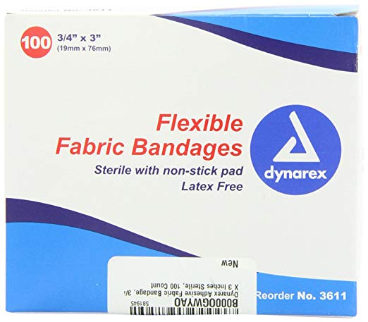 Dynarex Adhesive Fabric Bandage, 3/4 Inches X 3 Inches Sterile, 100 Count