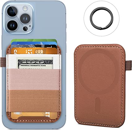 Magnetic Card Wallet Holder for Apple MagSafe, MagSafe Wallet for iPhone 14/13/12, MagSafe Leather Card Holder for Back of iPhone14 /13/12 Series, Mag-Safe Elastic Wallet Fits 8 Cards & Cash, Brown