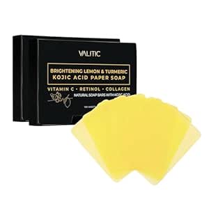 VALITIC Brightening Lemon Turmeric Kojic Acid Paper Soap - Vitamin C, Retinol, Collagen - Original Japanese Complex - Hyaluronic Acid, Vitamin E, Shea Butter, Castile Olive Oil - 2 Pack