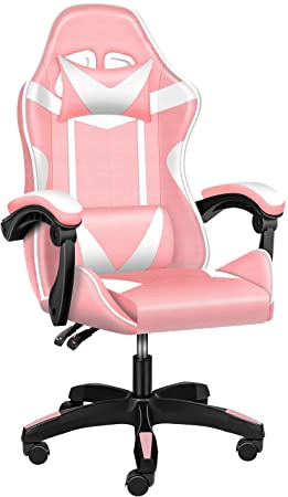 YSSOA Backrest and Seat Height Adjustable Swivel Recliner Racing Office Computer Ergonomic Video Game Chair, Pink/White