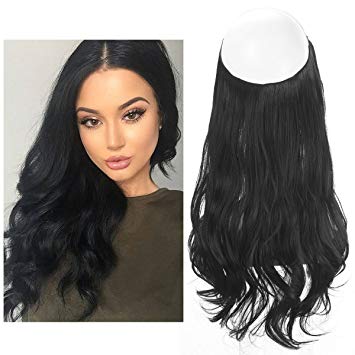 Black Hair Extension No Clip in Halo Hairpiece Long 18" Secret Natural Wavy Synthetic Hair Pieces For Women Flip in Hidden Wire Crown Headband Japan Heat Temperature Fiber (M01#1B)