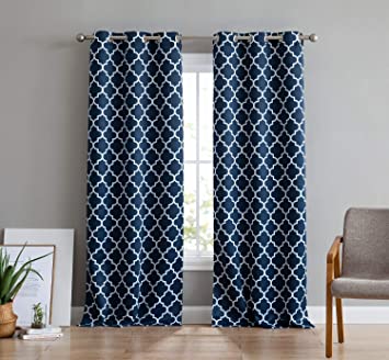HLC.ME Lattice Print Thermal Insulated Room Darkening Blackout Grommet Window Curtain Panels for Bedroom - Set of 2-37 W x 72 L - Navy Blue