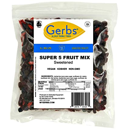 Gerbs Super 5 Dried Fruit Mix, 4 LBS. - Top 14 Food Allergy Free & NON GMO - Unsulfured & Preservative Free - Blueberries, Cranberries, Goji Berries, Cherries & Raisins
