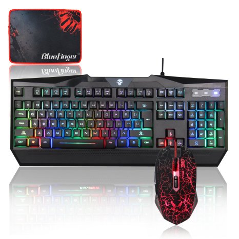 Rainbow Backlit Gaming Keyboard and Mouse Set-BlueFinger USB Wired LED Backlit Keyboard and Mouse Combo with Cool Crack Pattern Adjustable Color Gaming Mouse  BlueFinger Customized Gaming Mouse Pad