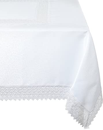 Violet Linen Treasure Lace Tablecloth, 70" X 105", White