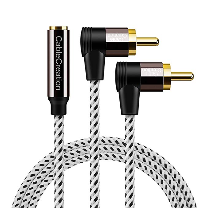 RCA to 3.5mm Female,6ft 3.5mm Jack to 2RCA 90 Degree Male Stereo Audio Cable Gold Plated for TV, MP3, Tablets, Speakers,Home Theater,HDTV,Chromecast,Black and White/2m