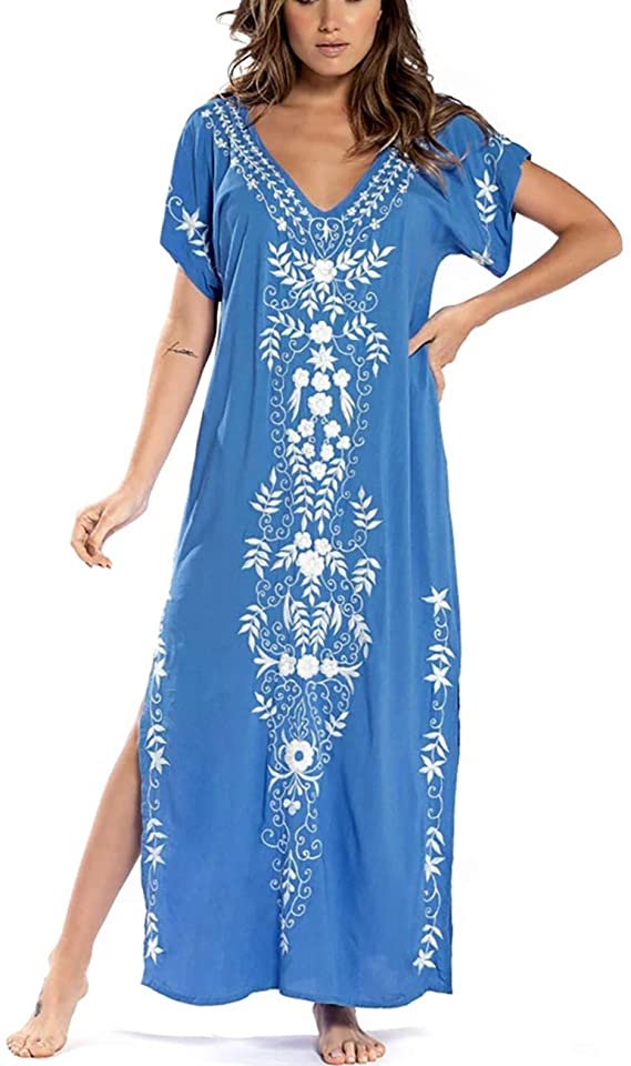 Bsubseach Women Embroidery Short Sleeve Bikini Swimsuit Cover Up Side Split Beach Kaftan Dress