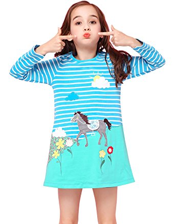 Fiream Girls Cotton Longsleeve Casual Dresses Striped Applique Cartoon by