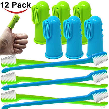 Jalousie 12 Pack Dog Teeth Brush 6 Silicone Finger Brush and 6 Dual Headed Cleaning Brushes for Dental Care Dental Health