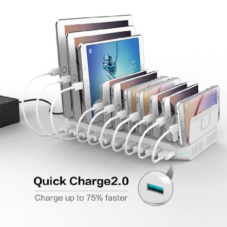 UNITEK 10-Port USB Charger Charging Station with Quick Charge 2.0 for Multiple Device with SmartIC Tech, Organizer Stand for Apple iPad, iPhone, Samsung Galaxy, Google Nexus, LG, HTC and Tablet PC