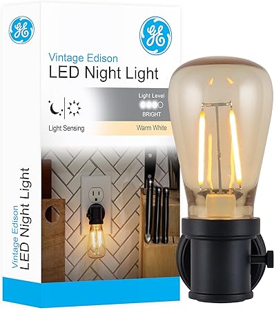 GE Vintage LED Edison Night Light, Plug-in, Dusk to Dawn Sensor, Farmhouse, Rustic, Home Décor, Warm White, UL-Listed, Ideal for Bedroom, Bathroom, Kitchen, Hallway, Black, 1 Pack, 64346