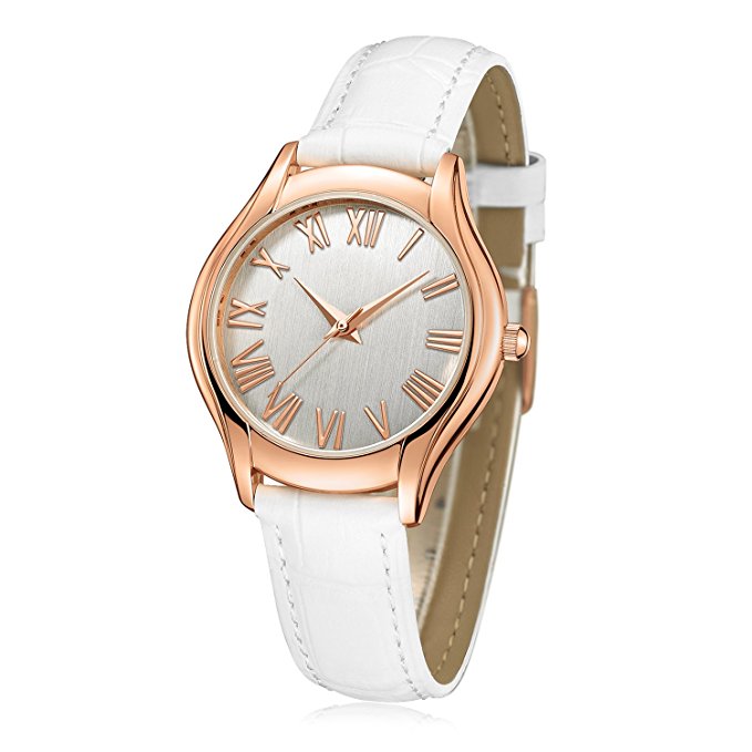 Women's Wrist Watch Stylish Simple Rose Gold Casual Analog Watches with Genuine White Leather Band