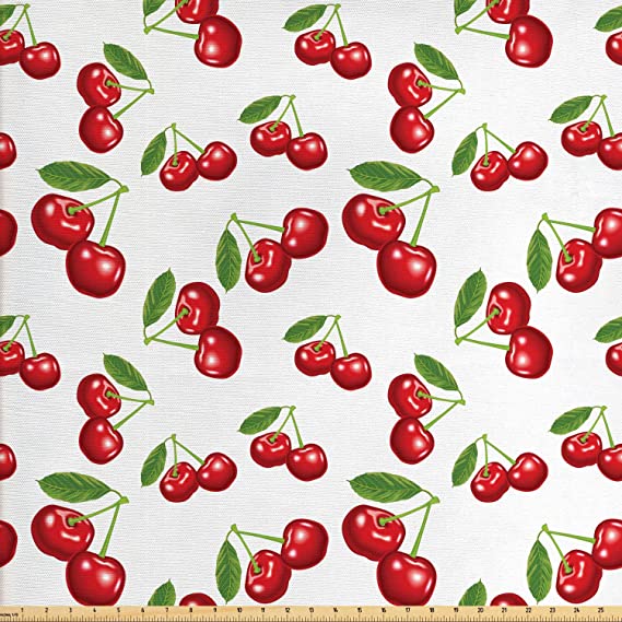 Ambesonne Fruit Fabric by The Yard, Cherry Design Fresh Berry Fruit Summer Green Garden Macro Digital Print, Decorative Fabric for Upholstery and Home Accents, 1 Yard, Red Green