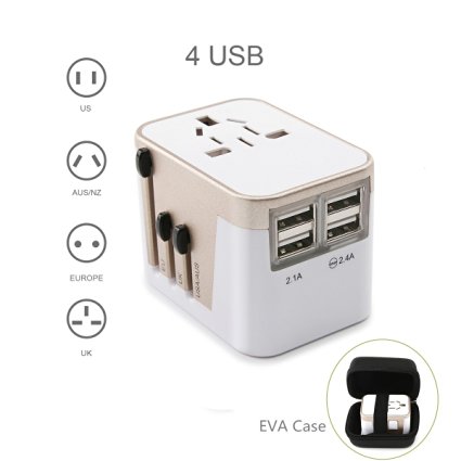 MOCREOWorldwide Travel Plug Adapter, US UK EU AU adapter，4-Port USB International Travel Charger with EVA molded Case- Champaign