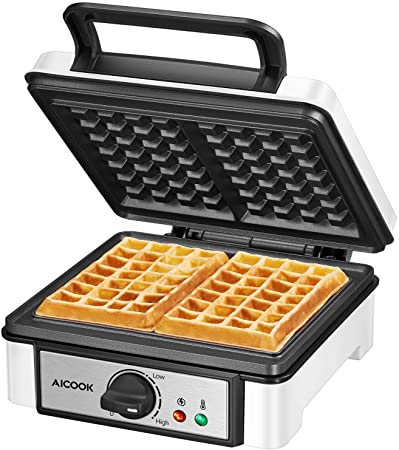 AICOOK 2-Slice Non-Stick Belgian Waffle Maker, 1200W No-Drip Waffle Iron with Browning Control, Indicator Lights, Cool Touch Handle, Compact Design, Easy Clean and Store