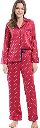 Serenedelicacy Women's Silky Satin Pajamas, Button Up Long Sleeve PJ Set Sleepwear Loungewear