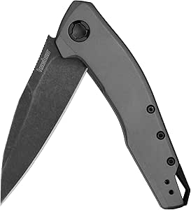 Kershaw Sanctum Pocket Knife, Curved Grey PVD Stainless Steel Handle, 3 inch 8Cr13Mov Blackwash Blade, Pocketclip