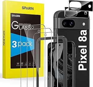 SPARIN 3 2 Pack Screen Protector for Google Pixel 8a, Tempered Glass with camera Lens Protector, 9H hardness/Alignment Frame