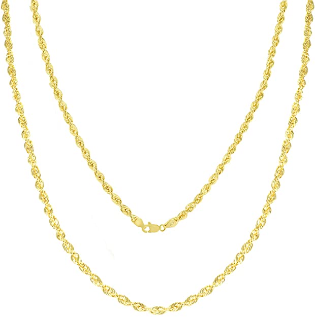 Nuragold 10k Yellow Gold 2.5mm Diamond Cut Rope Chain Pendant Necklace, Mens Womens Lobster Lock 16" 18" 20" 22" 24" 26" 28" 30"