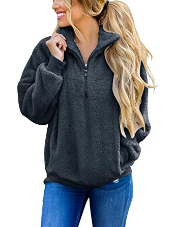 MEROKEETY Women's Long Sleeve Contrast Color Zipper Sherpa Pile Pullover Tops Fleece with Pocket