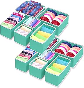 Simple Houseware Foldable Cloth Storage Box Closet Dresser Drawer Divider Organizer Basket Bins for Underwear Bras, Turquoise (Set of 12)