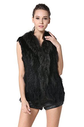 MEEFUR Rabbit Fur Vests With Raccoon Fur Collar Real Fur Knitted Women Waistcoat