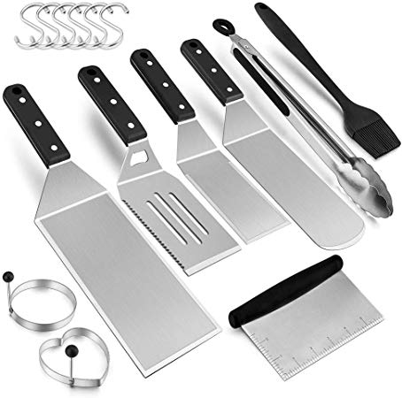 HaSteeL 9-Piece Griddle Accessories, Metal Spatula Stainless Steel Griddle Tools Kit, Heavy Duty Teppanyaki Spatula Set for Flat Top Hibachi Cooking Indoor & Outdoor BBQ Grill