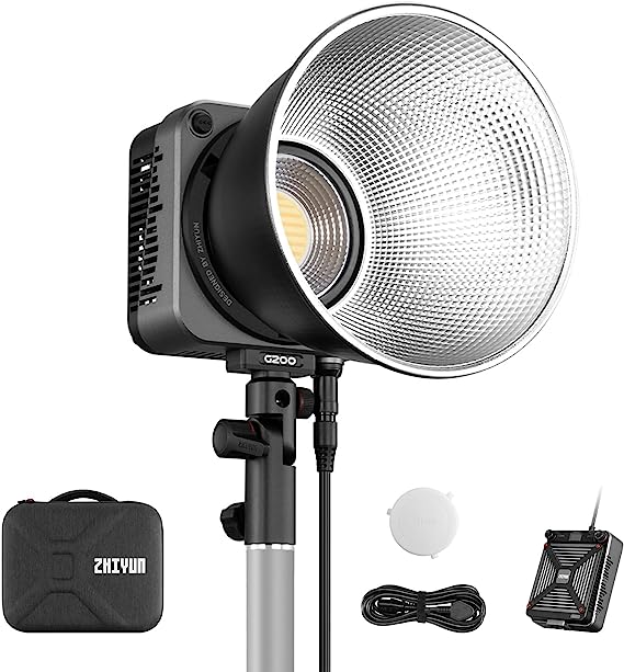 ZHIYUN Molus G200 200W COB Video Light with Bowens Mount,85800Lux/m 2700K-6500K and ZY Vega APP Control,Ultra Quiet DynaVort Cooling System