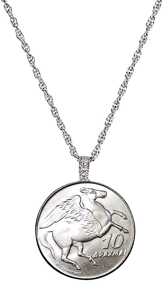 Greek Pegasus Coin Pendant Necklace | 24 inch Rope Chain, Lobster Claw Clasp | 10 Drachma Coin from Greece