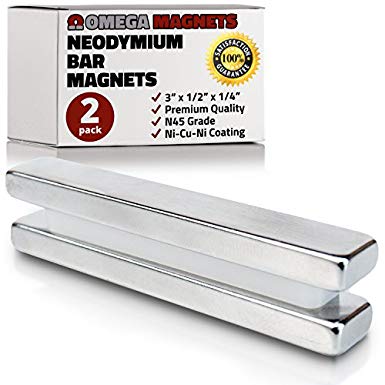 Strong Neodymium Bar Magnets (2 Pack) - Powerful, Rectangular Rare Earth Magnets - N45 Industrial Strength NdFeB Block Magnet Set for Misti, DIY, Crafts - 3” x 1/2" x 1/4"