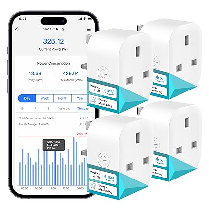 Meross Smart Plug with Energy Monitoring, Mini Smart WiFi Plug Work with Alexa, Google Home, SmartThings, Smart Socket Remote Control Timer Plug, No Hub Required, 13A, 4 Packs