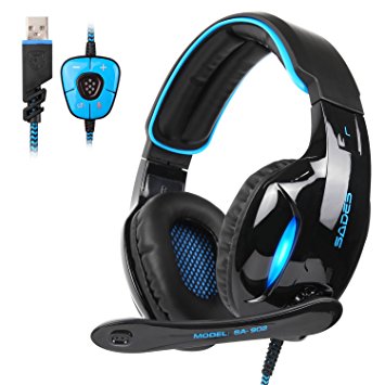 SADES 2017 New Version SA902 Blue 7.1 Channel Virtual USB Surround Stereo Wired PC Gaming Headset Over Ear earbuds with Microphone Revolution Volume Control Noise Canceling LED Light (Black/Blue)