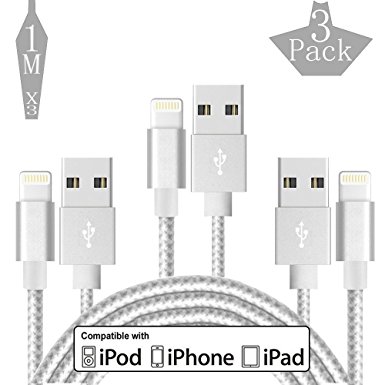 Lightning Protection Cable, Hoperain 3 Pack 3FT Heavy Duty Nylon Braid Lightning to USB Cable Charger for iPhone 7/7 Plus / 6 / 6s / 6Plus / 6s Plus / 5 / 5c / 5s / SE(Silver)