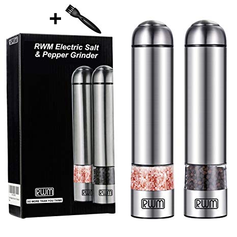 RWM Electric Salt and Pepper Grinder -Stainless Steel Automatic Sea Salt Mill (2-Pack) - Visible with Led Light, Adjustable Coarseness Ceramic Mechanism grinding miller(Version Updating)