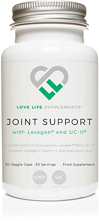 Joint Support with Levagen® (Palmitoylethanolamide) and UC-II® Chicken Collagen by Love Life Supplements | 30 Capsules - 30 Servings | Also Includes Glucosamine, Vitamin C and Hyaluronic Acid