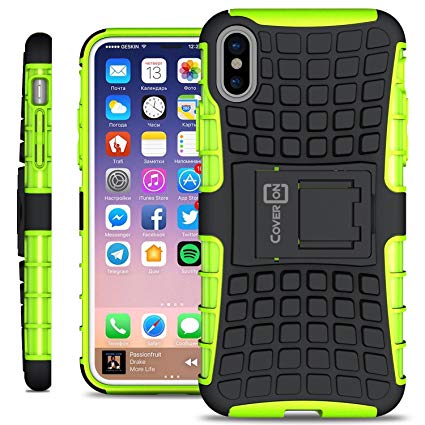 CoverON Atomic Series Fits iPhone Xs Case with Kickstand, iPhone X Case, Protective Dual Layer Hybrid Hard Phone Cover with Stand for Apple iPhone Xs/X / 10S / 10 - Neon Green on Black