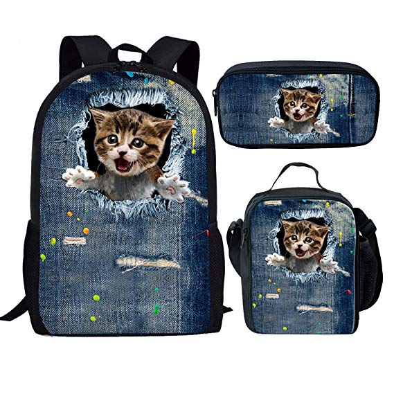 Showudesigns Kids Backpack Set School Bag   Long Strap Lunch Box   Pencil Holder Funny Cat Printing