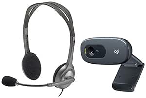 Logitech C270 Hd Webcam - Black with H110 Wired Headset, Stereo Headphones - Grey - Over Ear