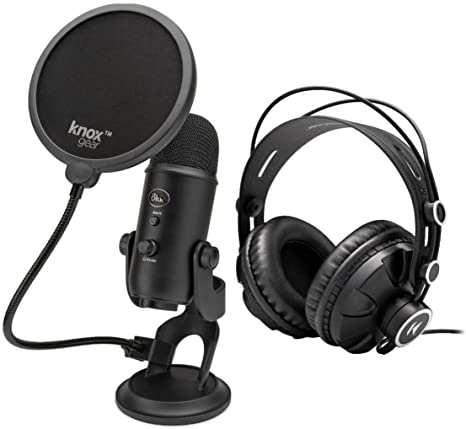 Blue Yeti USB Microphone (Blackout) Bundle with Knox Gear Headphones and Pop Filter (3 Items)