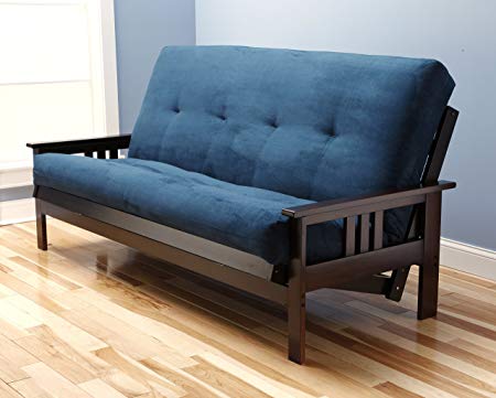 Jerry Sales Full Size Excelsior Espresso Futon Frame w/ 8 Inch Innerspring Mattress Sofa Bed Wood Futons (Navy Matt and Frame Only (Full Size))