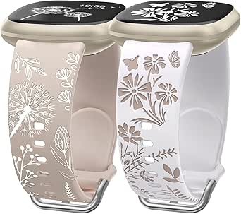 Wearlizer 2 Packs Compatible with Fitbit Versa 4 Bands/Versa 3 Bands/Sense 2 Bands/Sense Bands for Women, Pretty Two-tone Floral Engraved Silicone Straps, Cute Flower Pattern Sport Wristband Bracelets