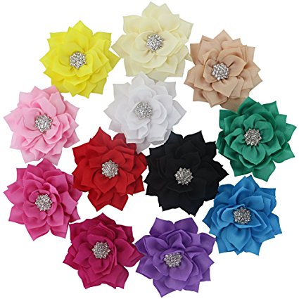 QingHan Baby Girls 3" Fabric Flower Hair Clips Hair Bows With Rhinestone Center Headband Flowers Pack Of 12