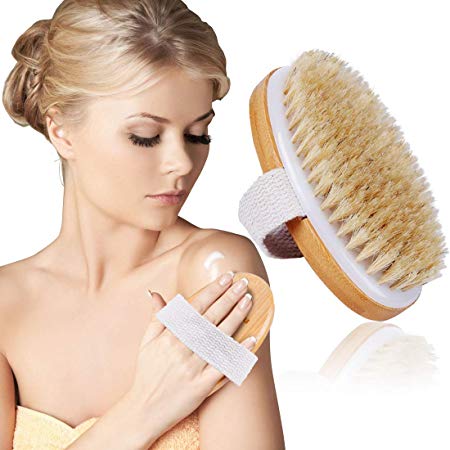 Dry Body Brush-100% Nature Boar Bristles Bamboo Shower Bath Brushes for Exfoliating - Help your Cellulite Reduction Body Massage Glowing Skin -Improves Lymphatic Functions,Sleep Improvemen-by Ecobambu