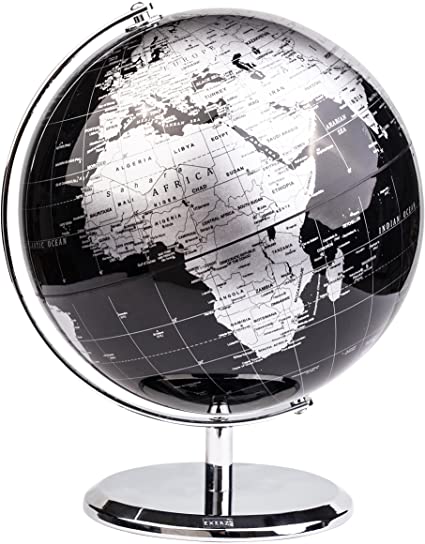 Exerz Metallic World Globe (Dia 8-Inch / 20cm) Black – Educational/Geographic/Modern Desktop Decoration - Stainless Steel Arc and Base / Earth World - Metallic Black - for School, Home, and Office