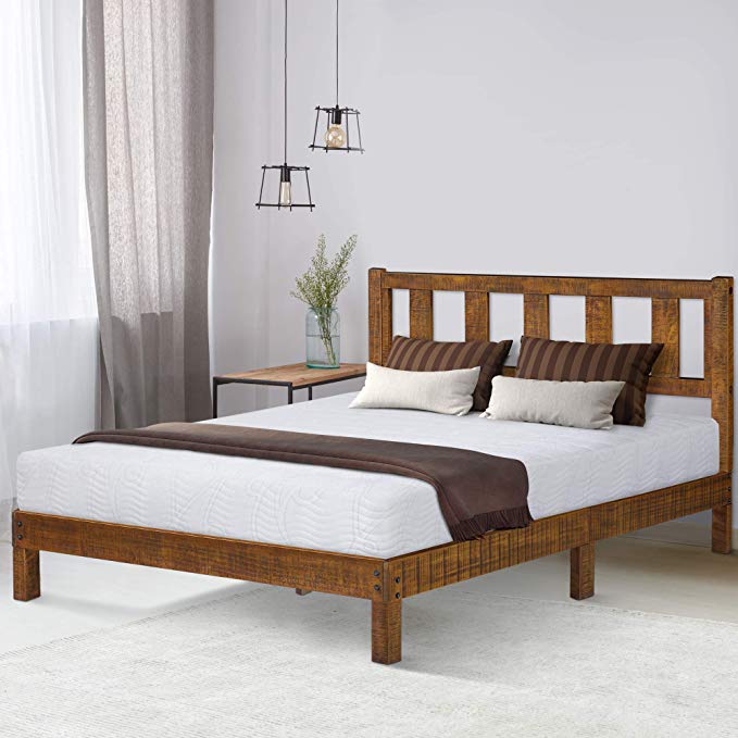 Ecos Living 14 Inch High Rustic Solid Wood Platform Bed Frame with Headboard/No Box Spring/No Squeak (Dark Brown, King)