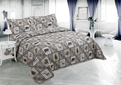 Marina Decoration Rich Printed Stitching Coverlet Bedspread Ultra Soft 3 Piece Summer Quilt Set with 2 Quilted Shams, Cottage Taupe Bear Deer Tree Plaid Pattern King Size
