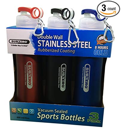 Subzero - 3 Pack - Double Wall Stainless Steel Vacuum Sealed Sports Bottles with Rubberized Coating (Colors May Vary)