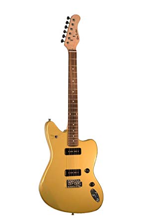 Premium Full Size Coastline Gold Solid Offset Body Electric Guitar with 2 P90 Pickups and Free Lessons & DirectlyCheap(TM) Blue Medium Pick